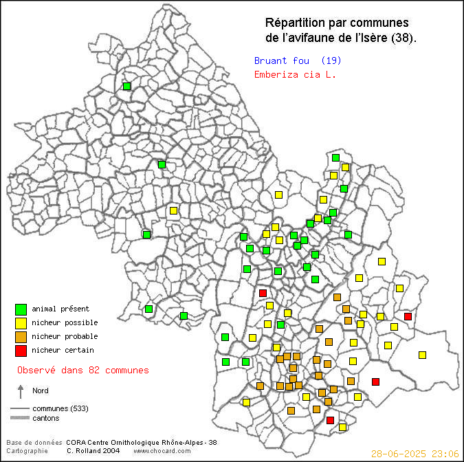 Bruant fou (Emberiza cia L.): carte de rpartition en Isre