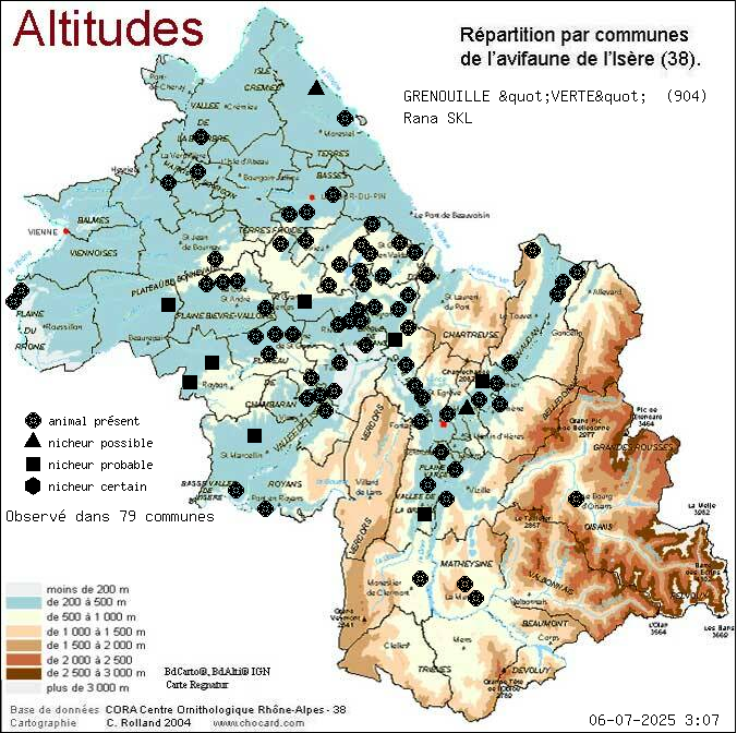 Carte de rpartition par communes en Isre d'une espce d'animal: GRENOUILLE "VERTE" (Rana SKL) selon Altitudes