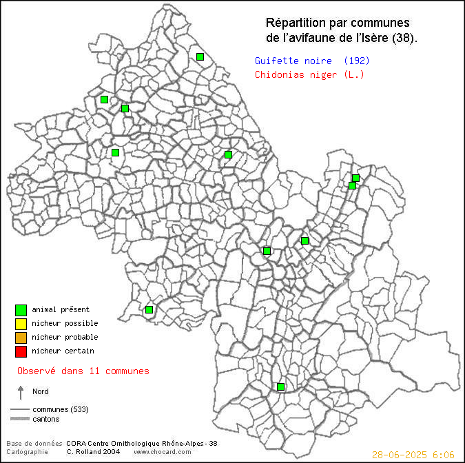 Carte de rpartition par communes en Isre d'une espce d'oiseau: Guifette noire (Chidonias niger (L.)) selon Communes et cantons