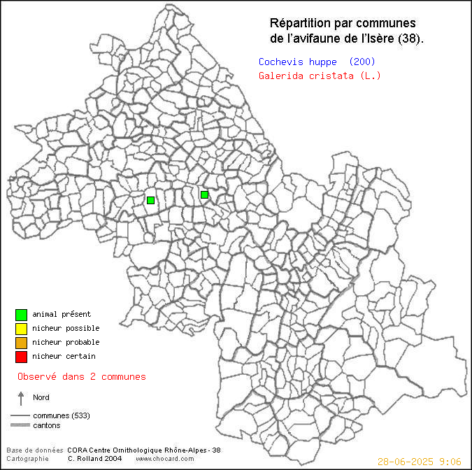 Cochevis hupp (Galerida cristata (L.)): carte de rpartition en Isre