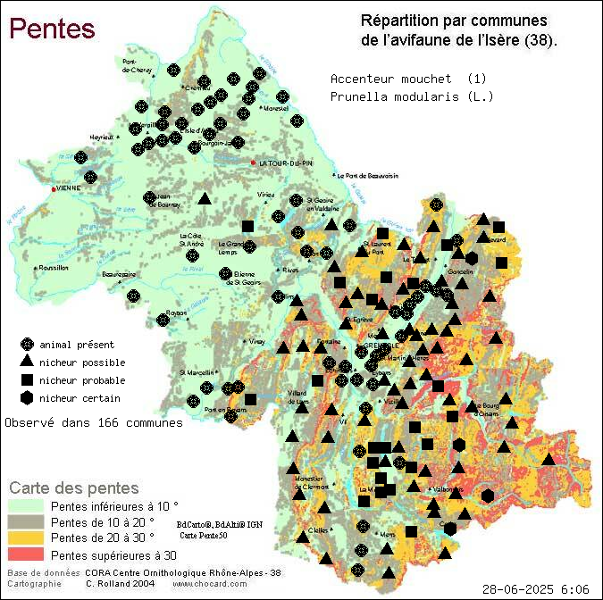 Accenteur mouchet (Prunella modularis (L.)): carte de rpartition en Isre