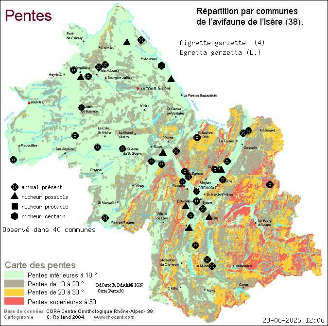 Aigrette garzette (Egretta garzetta (L.)): carte de rpartition en Isre