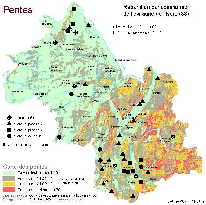 Carte de rpartition par communes en Isre d'une espce d'animal: Alouette lulu (Lullula arborea (L.)) selon Pentes