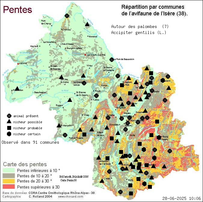 Carte de rpartition par communes en Isre d'une espce d'animal: Autour des palombes (Accipiter gentilis (L.)) selon Pentes