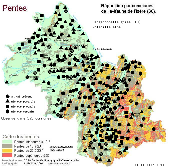 Bergeronnette grise (Motacilla alba L.): carte de rpartition en Isre