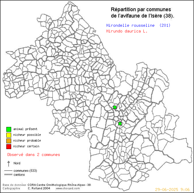 Carte de rpartition par communes en Isre d'une espce d'oiseau: Hirondelle rousseline (Hirundo daurica L.) selon Communes et cantons