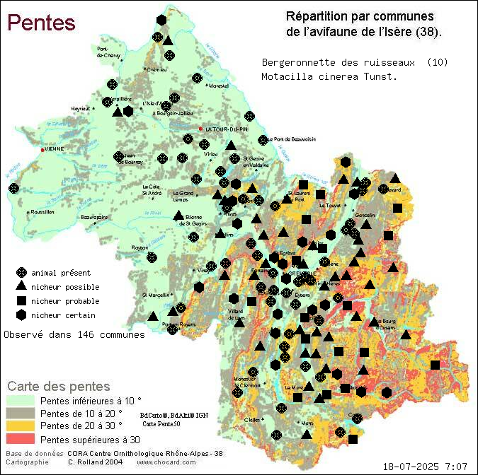 Bergeronnette des ruisseaux (Motacilla cinerea Tunst.): carte de rpartition en Isre