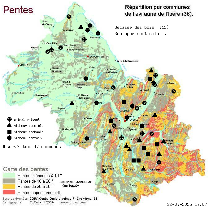 Carte de rpartition par communes en Isre d'une espce d'animal: Bcasse des bois (Scolopax rusticola L.) selon Pentes