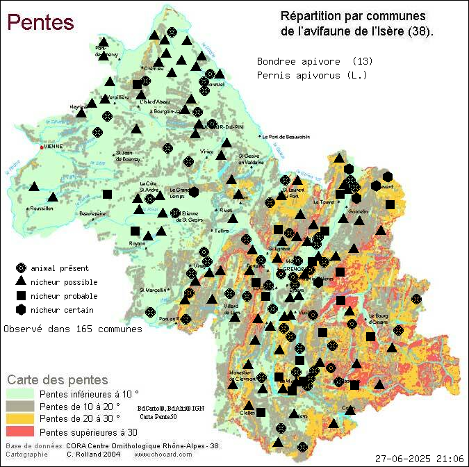 Bondre apivore (Pernis apivorus (L.)): carte de rpartition en Isre