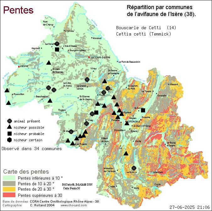 Bouscarle de Cetti (Cettia cetti (Temmick)): carte de rpartition en Isre