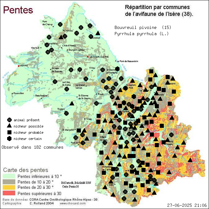 Bouvreuil pivoine (Pyrrhula pyrrhula (L.)): carte de rpartition en Isre