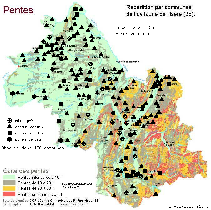 Bruant zizi (Emberiza cirlus L.): carte de rpartition en Isre