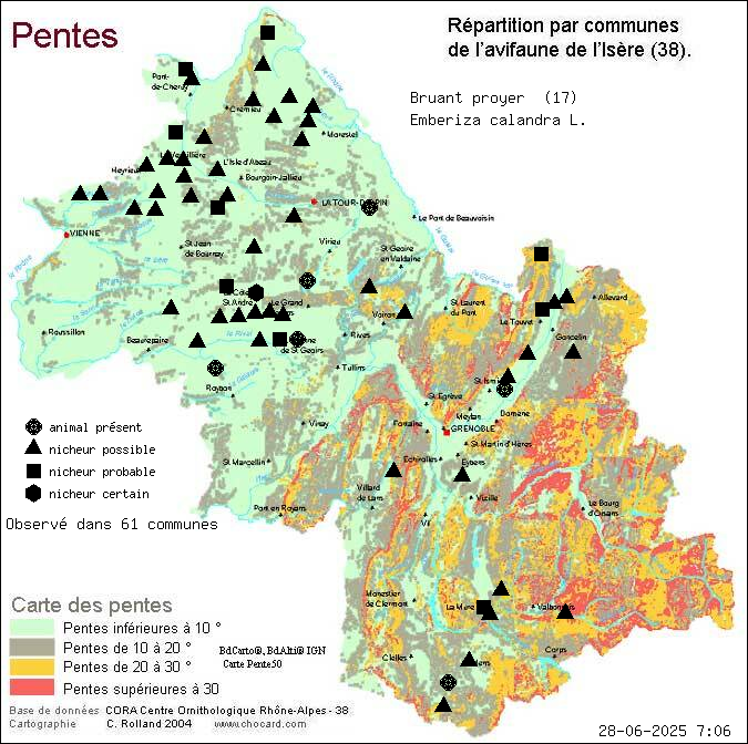 Bruant proyer (Emberiza calandra L.): carte de rpartition en Isre