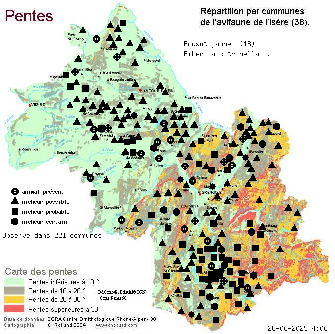 Bruant jaune (Emberiza citrinella L.): carte de rpartition en Isre