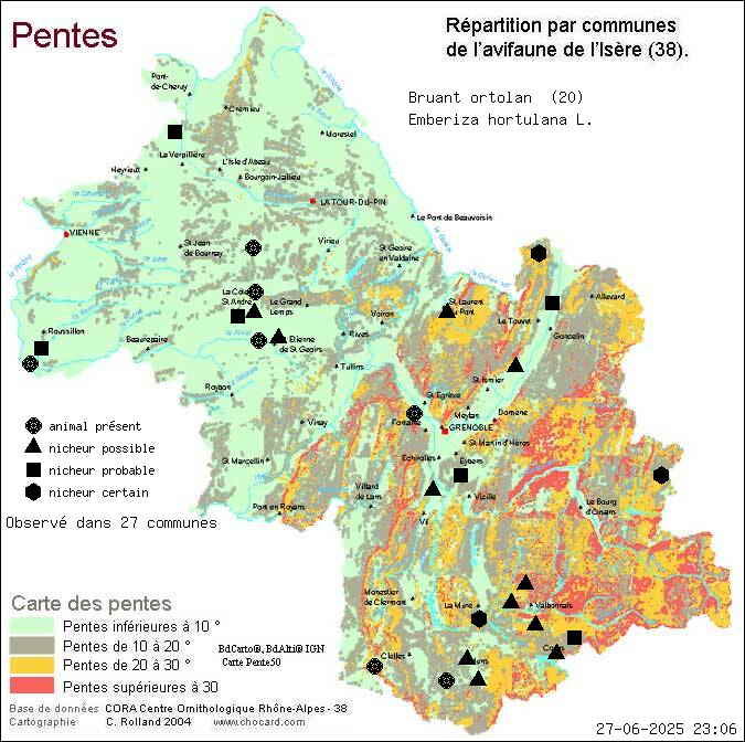 Bruant ortolan (Emberiza hortulana L.): carte de rpartition en Isre
