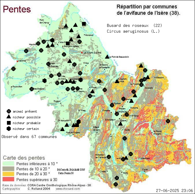 Busard des roseaux (Circus aeruginosus (L.)): carte de rpartition en Isre