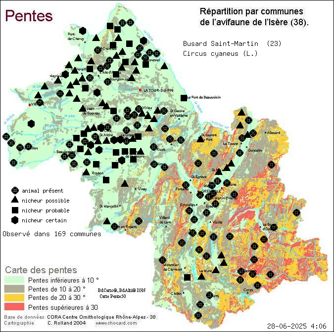 Busard Saint-Martin (Circus cyaneus (L.)): carte de rpartition en Isre