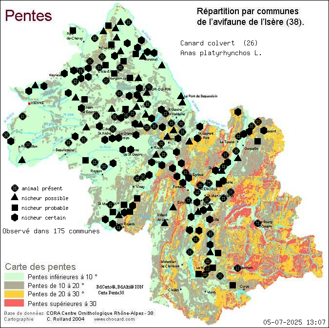 Canard colvert (Anas platyrhynchos L.): carte de rpartition en Isre