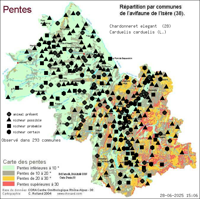 Chardonneret lgant (Carduelis carduelis (L.)): carte de rpartition en Isre