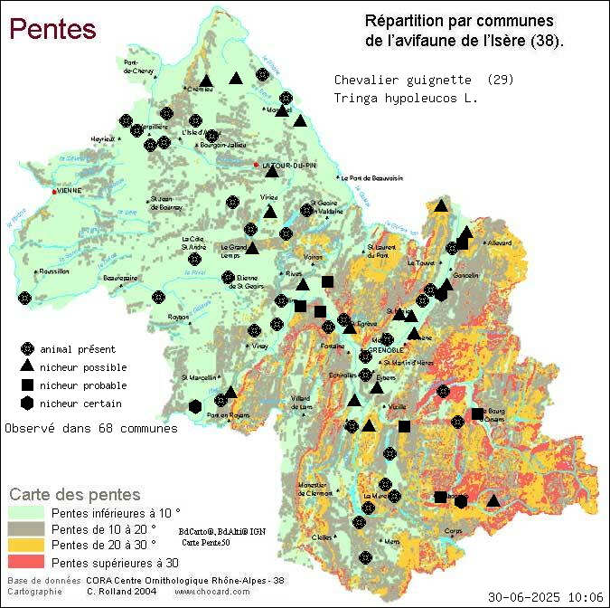 Chevalier guignette (Tringa hypoleucos L.): carte de rpartition en Isre