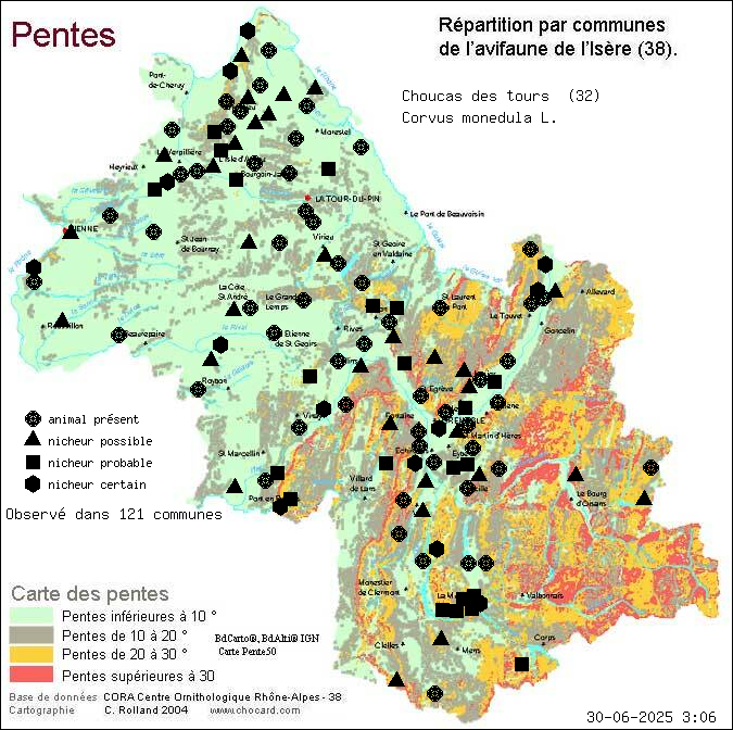 Choucas des tours (Corvus monedula L.): carte de rpartition en Isre