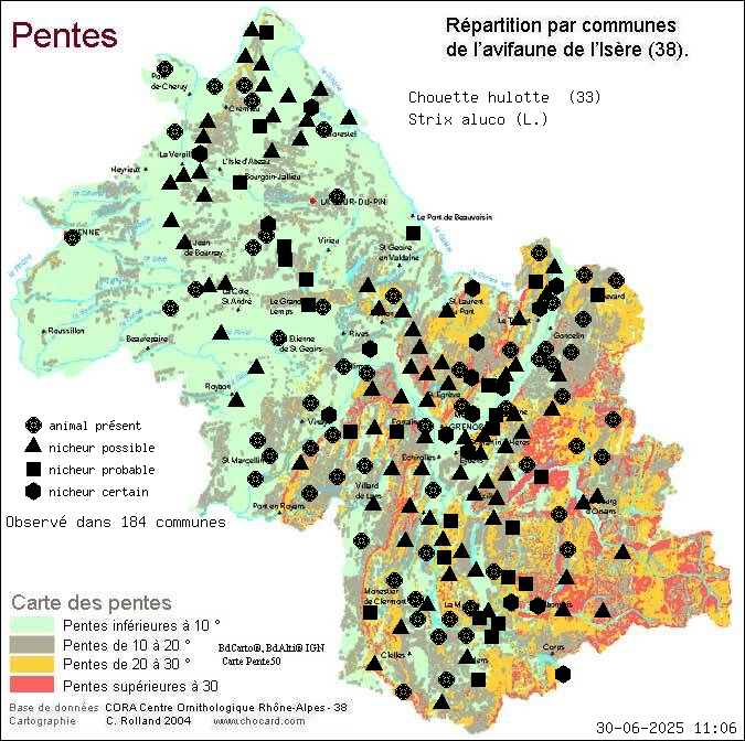 Chouette hulotte (Strix aluco (L.)): carte de rpartition en Isre