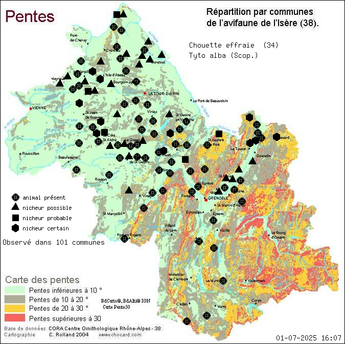 Chouette effraie (Tyto alba (Scop.)): carte de rpartition en Isre