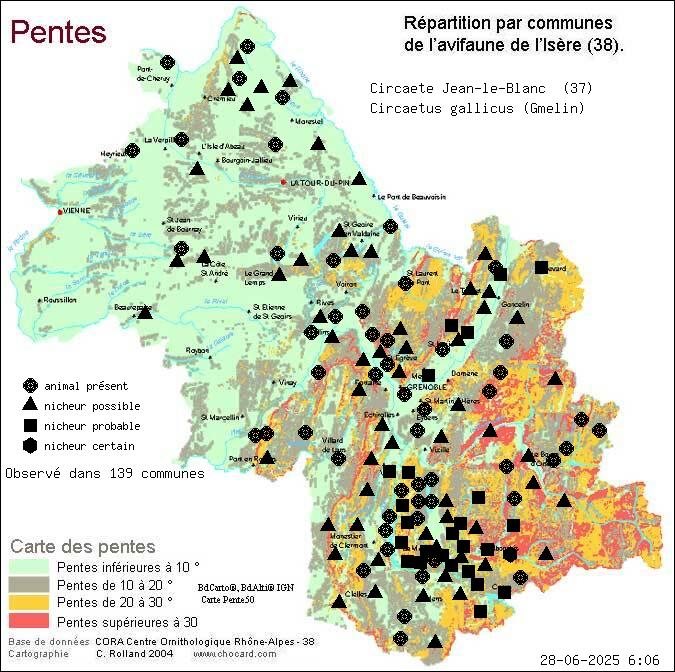 Circate Jean-le-Blanc (Circaetus gallicus (Gmelin)): carte de rpartition en Isre