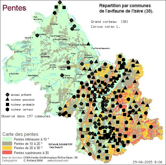 Grand corbeau (Corvus corax L.): carte de rpartition en Isre