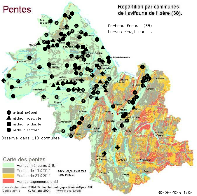 Corbeau freux (Corvus frugileus L.): carte de rpartition en Isre