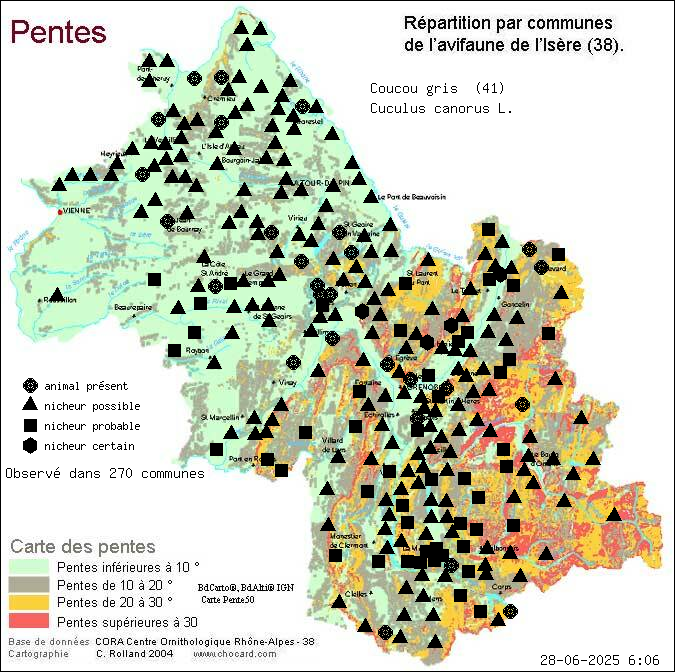 Coucou gris (Cuculus canorus L.): carte de rpartition en Isre