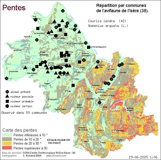 Courlis cendr (Numenius arquata (L.)): carte de rpartition en Isre