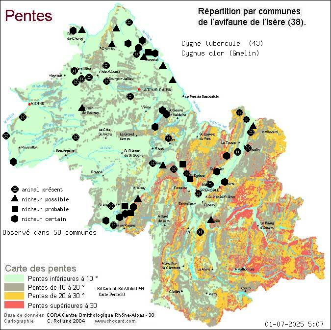 Cygne tubercul (Cygnus olor (Gmelin)): carte de rpartition en Isre