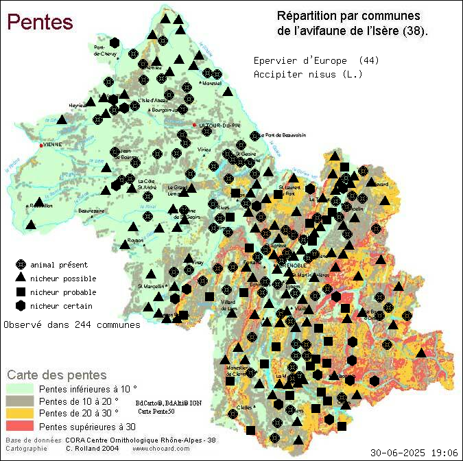 Epervier d Europe (Accipiter nisus (L.)): carte de rpartition en Isre