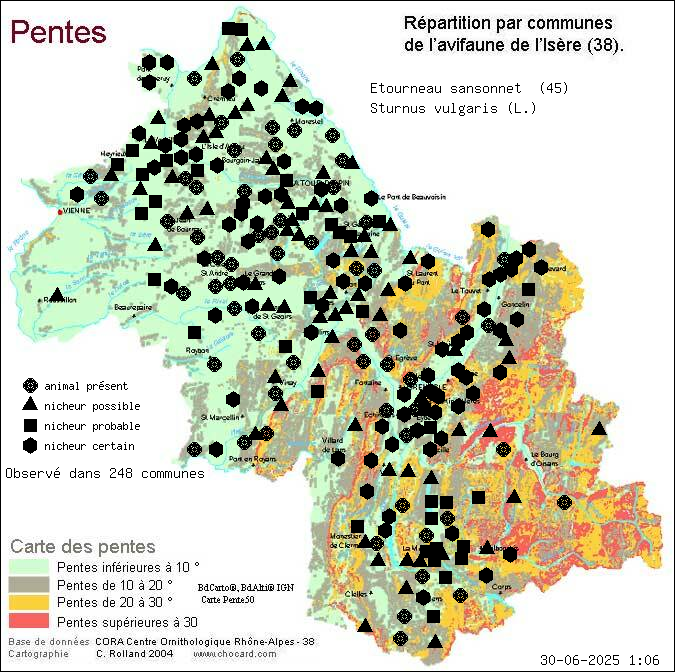 Etourneau sansonnet (Sturnus vulgaris (L.)): carte de rpartition en Isre