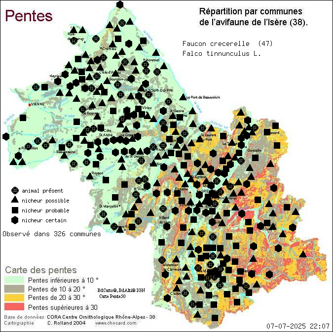 Faucon crcerelle (Falco tinnunculus L.): carte de rpartition en Isre