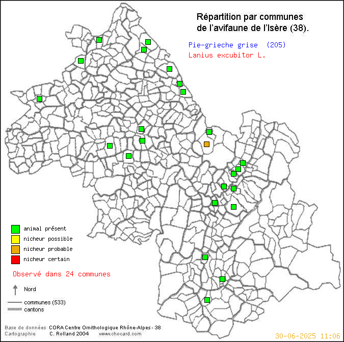 Carte de rpartition par communes en Isre d'une espce d'oiseau: Pie-griche grise (Lanius excubitor L.) selon Communes et cantons