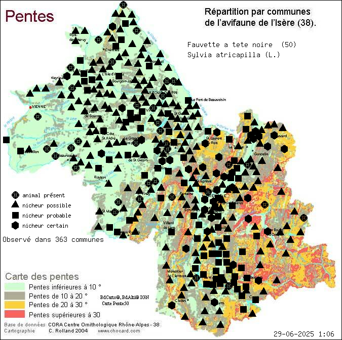 Carte de rpartition par communes en Isre d'une espce d'animal: Fauvette  tte noire (Sylvia atricapilla (L.)) selon Pentes