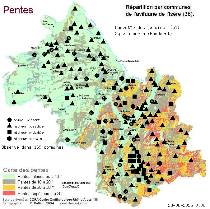 Carte de rpartition par communes en Isre d'une espce d'animal: Fauvette des jardins (Sylvia borin (Boddaert)) selon Pentes