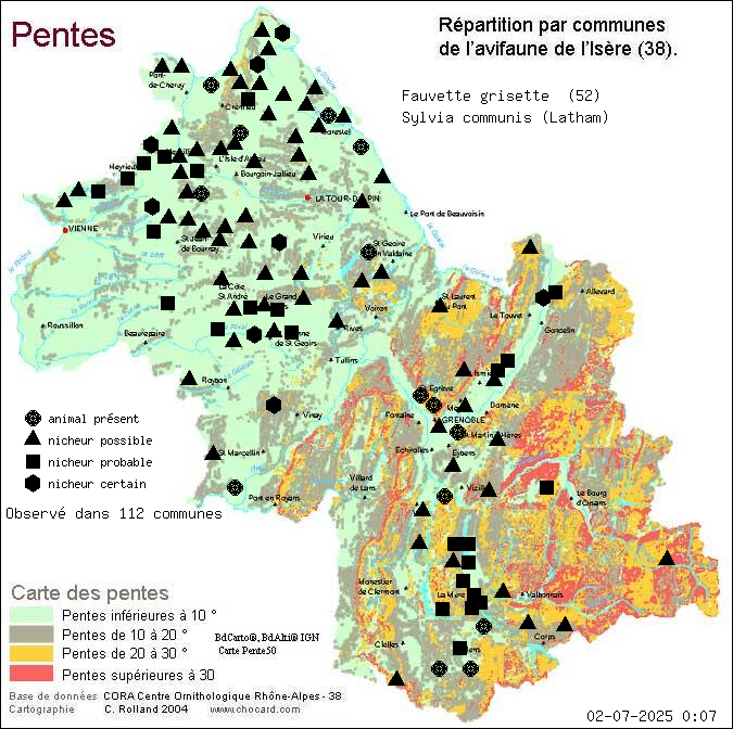 Carte de rpartition par communes en Isre d'une espce d'animal: Fauvette grisette (Sylvia communis (Latham)) selon Pentes