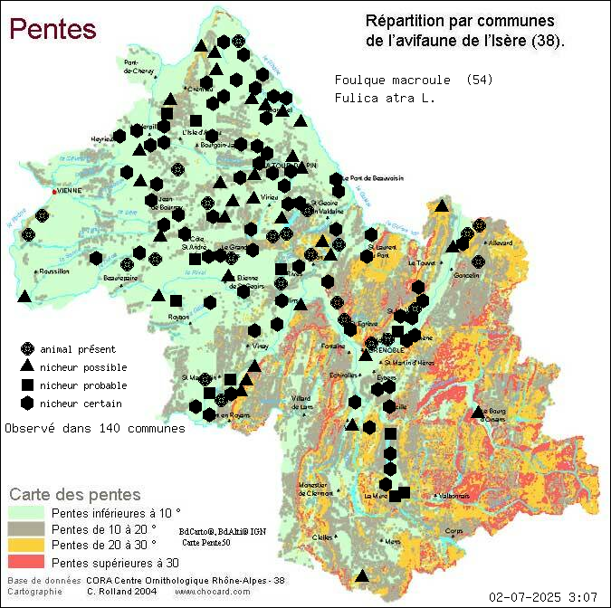 Foulque macroule (Fulica atra L.): carte de rpartition en Isre