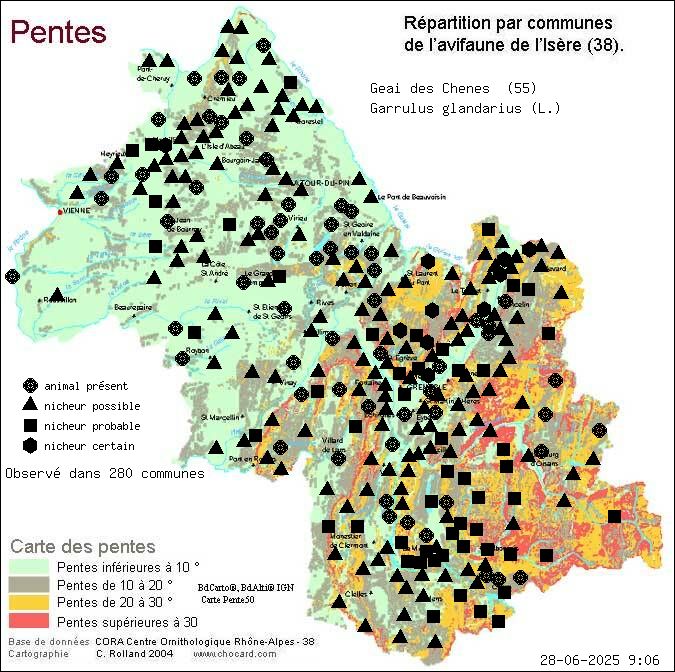 Geai des Chnes (Garrulus glandarius (L.)): carte de rpartition en Isre