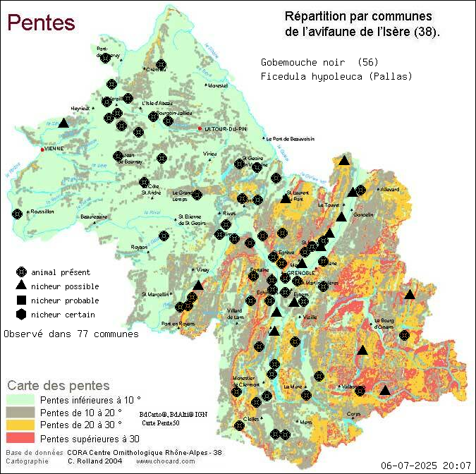 Gobemouche noir (Ficedula hypoleuca (Pallas)): carte de rpartition en Isre