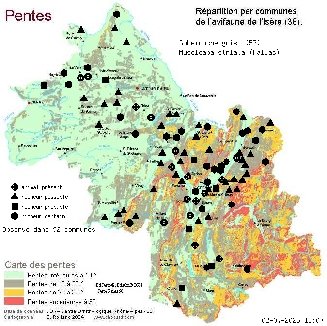 Gobemouche gris (Muscicapa striata (Pallas)): carte de rpartition en Isre