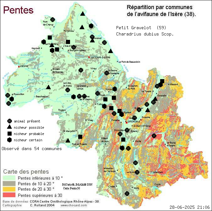 Petit Gravelot (Charadrius dubius Scop.): carte de rpartition en Isre