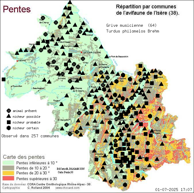 Grive musicienne (Turdus philomelos Brehm): carte de rpartition en Isre