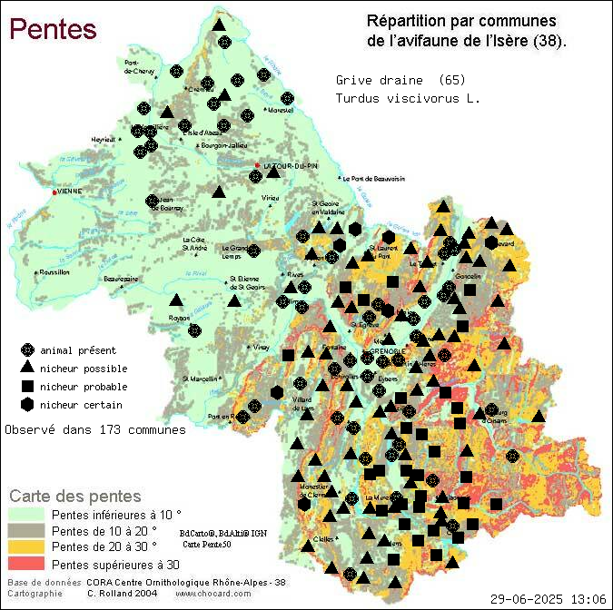 Grive draine (Turdus viscivorus L.): carte de rpartition en Isre