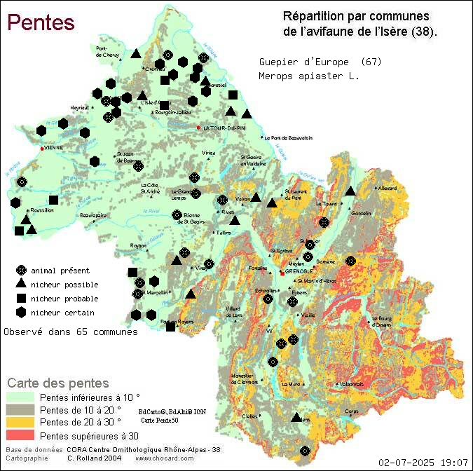 Gupier d Europe (Merops apiaster L.): carte de rpartition en Isre