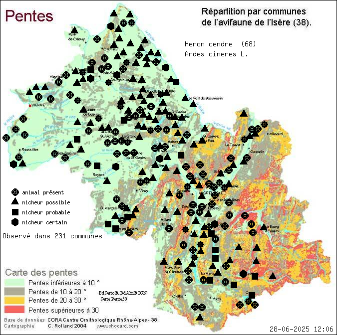 Hron cendr (Ardea cinerea L.): carte de rpartition en Isre