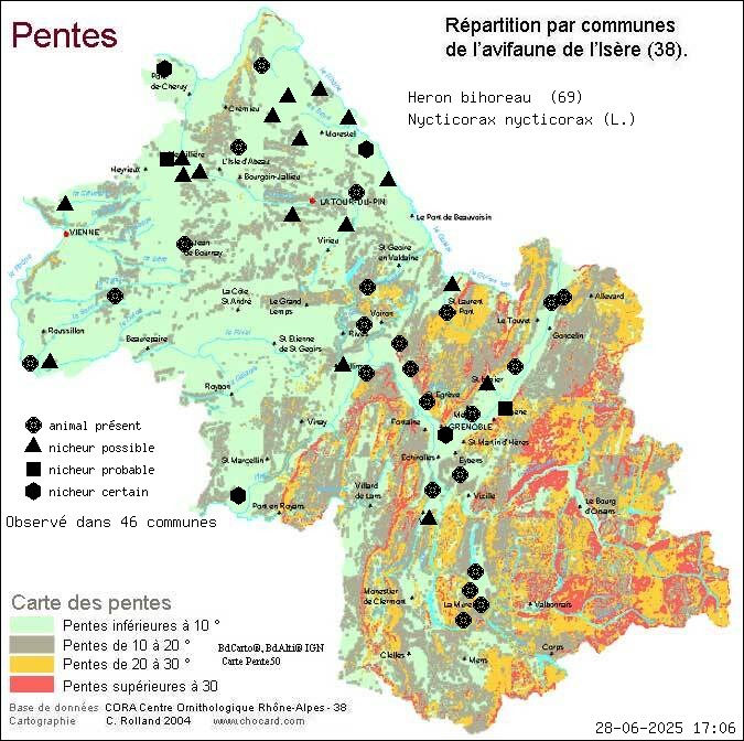 Hron bihoreau (Nycticorax nycticorax (L.)): carte de rpartition en Isre